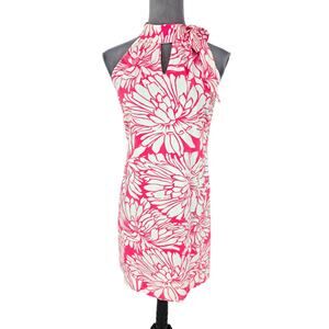 Katherine Way Dress Womens Medium Pink White Floral Stretch Knit Bow at Neck